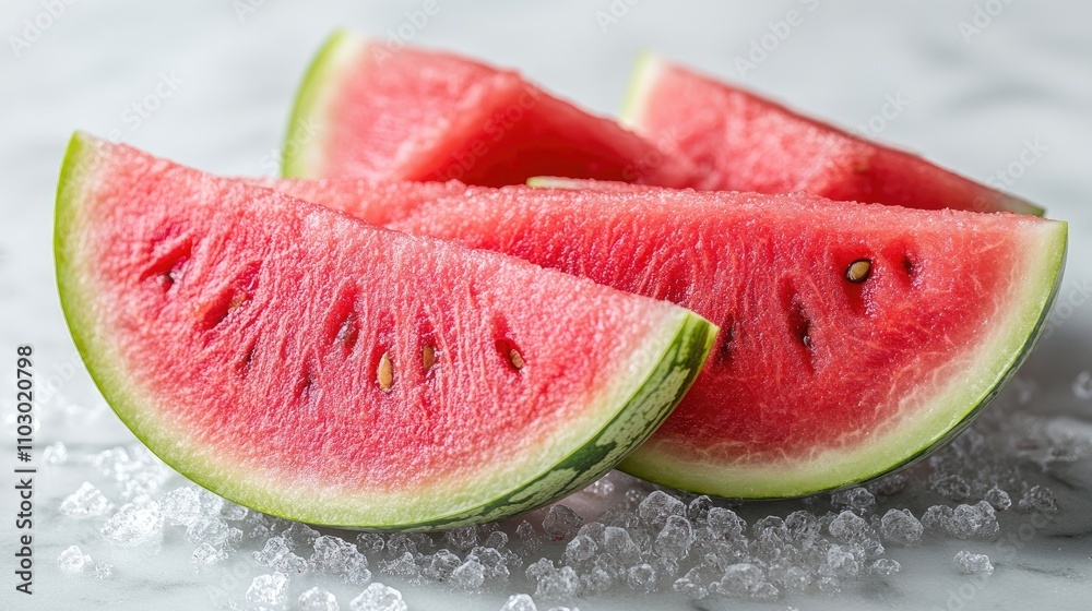 Fresh watermelon slices on a marble surface with ice, showcasing vibrant colors and juicy texture, perfect for summer and healthy eating themes.
