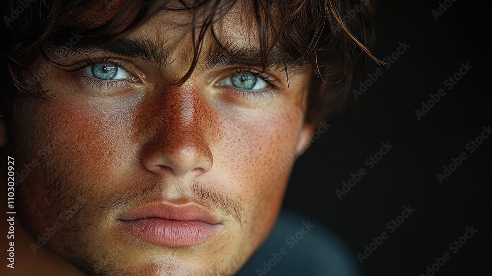 Young man with striking blue eyes and freckles in a close-up portrait shot against a dark background showcasing natural beauty and emotion. Young man with striking blue eyes and freckles in a close-up portrait shot against a dark background showcasing natural beauty and emotion.