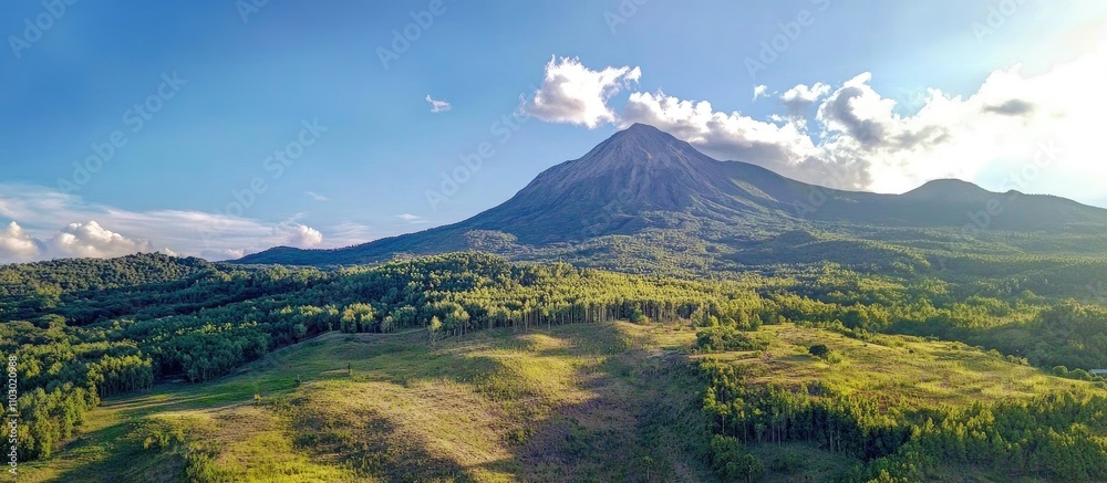 Fototapeta premium Aerial View of Majestic Mountain Landscape Surrounded by Lush Greenery and Clear Blue Sky Showcasing Nature's Beauty and Serenity