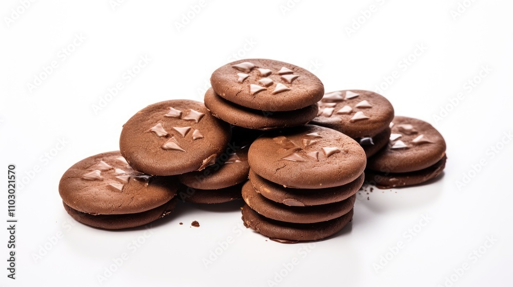 Chocolate cookies stacked artfully on a white background showcasing their delicious texture and design for culinary advertisements or recipes Chocolate cookies stacked artfully on a white background showcasing their delicious texture and design for culinary advertisements or recipes