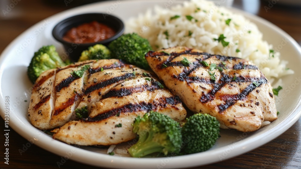 Grilled chicken breast fillets served with fluffy rice and steamed broccoli creating a colorful and nutritious meal for healthy eating habits