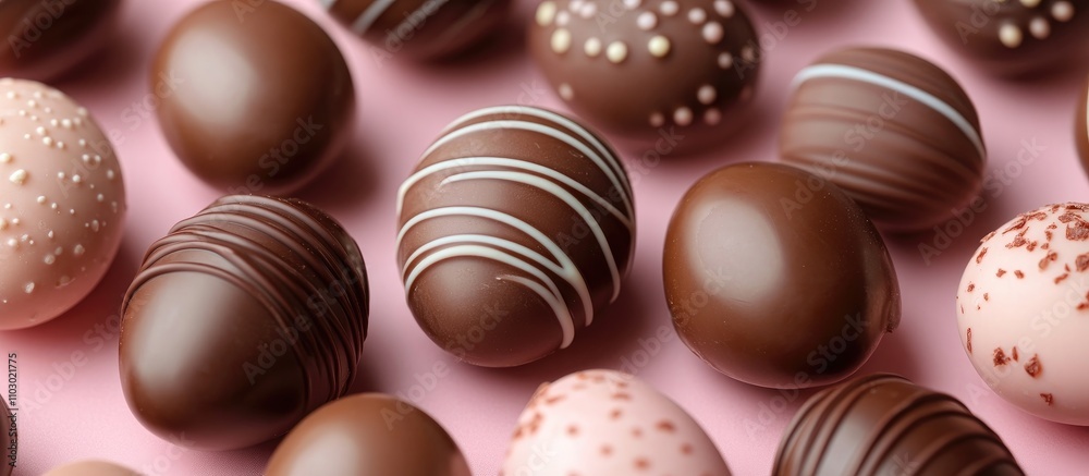 Easter chocolate eggs in various styles arranged on pastel pink surface flat lay creative concept for seasonal celebrations Easter chocolate eggs in various styles arranged on pastel pink surface flat lay creative concept for seasonal celebrations