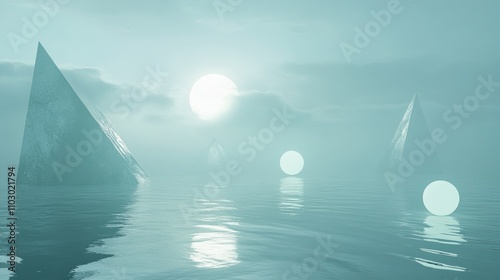 Misty seascape with geometric pyramids and glowing orbs at sunrise.