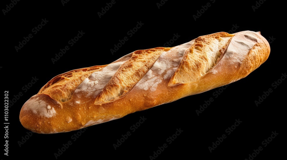 Artisan bread baguette showcasing a golden crust and airy interior isolated on black background for culinary and baking themed projects. Artisan bread baguette showcasing a golden crust and airy interior isolated on black background for culinary and baking themed projects.