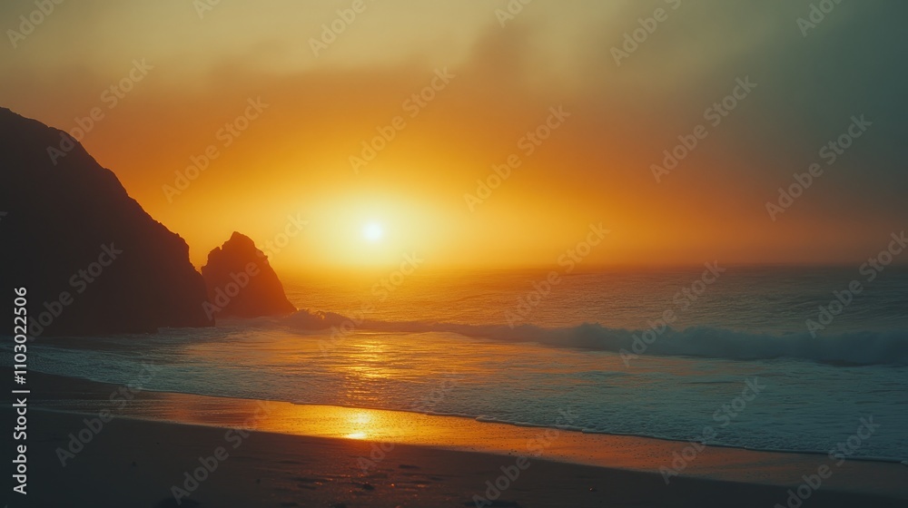 Majestic Golden Sunset Casting Warm Hues Over Calm Ocean Waves with Silhouetted Rocks Creating a Serene and Tranquil Atmosphere Majestic Golden Sunset Casting Warm Hues Over Calm Ocean Waves with Silhouetted Rocks Creating a Serene and Tranquil Atmosphere
