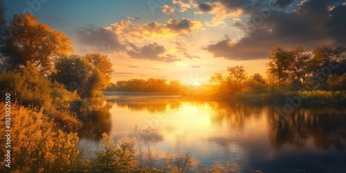 A stunning golden sunset over a tranquil river creates a magical scene. This beautiful sunset captures the essence of nature, showcasing the river s charm during golden hour.