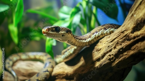 Reptile care and display, including snakes and lizards. Featuring various reptiles in terrariums. Showcasing care techniques and habitat setup. Ideal for reptile enthusiasts and care guides. photo
