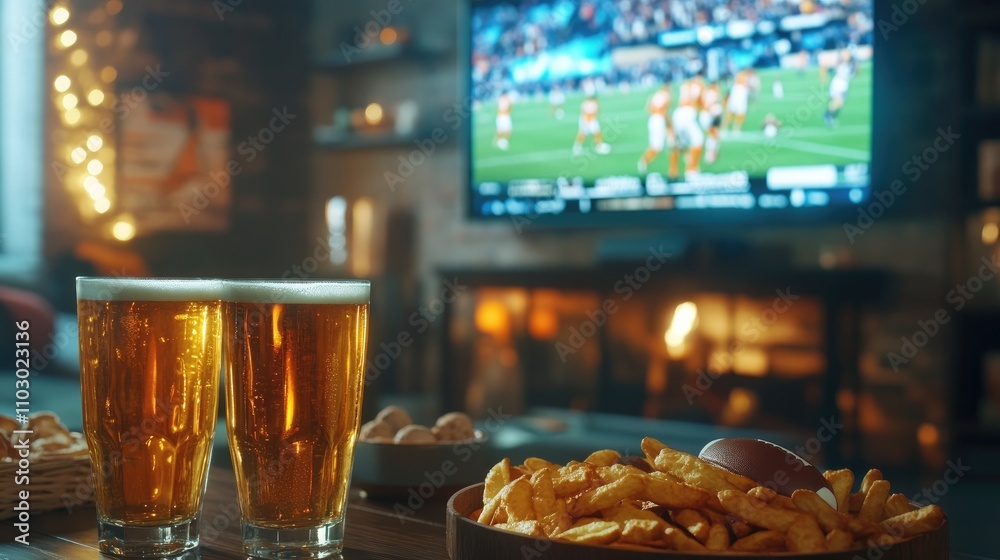 Refreshing beer glasses and delicious snacks displayed in a cozy living room with a football match on the television, creating a perfect sports viewing atmosphere. Refreshing beer glasses and delicious snacks displayed in a cozy living room with a football match on the television, creating a perfect sports viewing atmosphere.