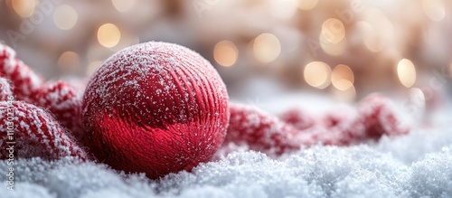 Red Christmas ornament with snowy background and warm bokeh lights creating a festive atmosphere for holiday celebrations. photo