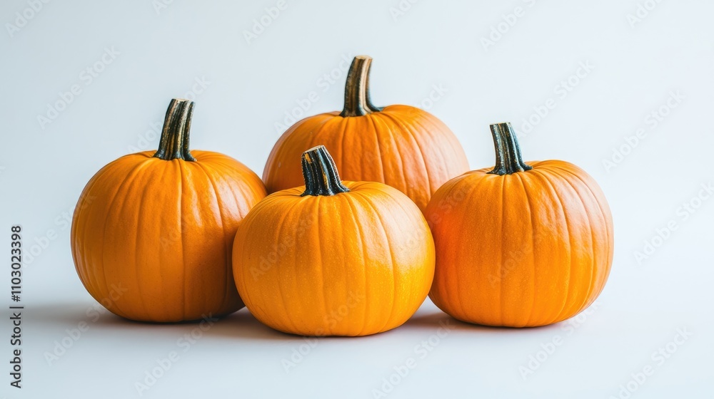 Cluster of Vibrant Orange Pumpkins Displayed on a Minimalist White Background Highlighting Their Smooth Textured Skin and Curved Stems Cluster of Vibrant Orange Pumpkins Displayed on a Minimalist White Background Highlighting Their Smooth Textured Skin and Curved Stems