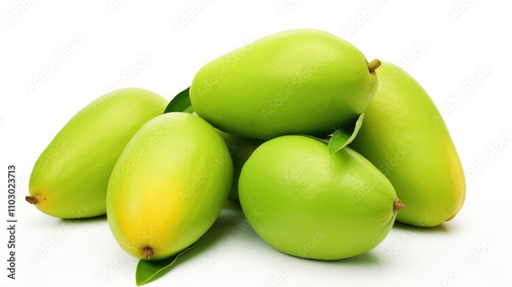 Ripe green mangoes arranged on a white background showcasing their vibrant color and tropical freshness. Ripe green mangoes arranged on a white background showcasing their vibrant color and tropical freshness.