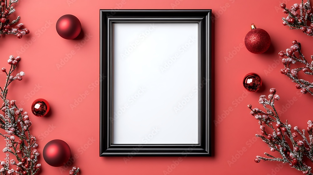 Festive Decoration with Black Picture Frame Surrounded by Red Ornament Balls and Frosted Berries on a Bright Red Background for Holiday Concepts Festive Decoration with Black Picture Frame Surrounded by Red Ornament Balls and Frosted Berries on a Bright Red Background for Holiday Concepts