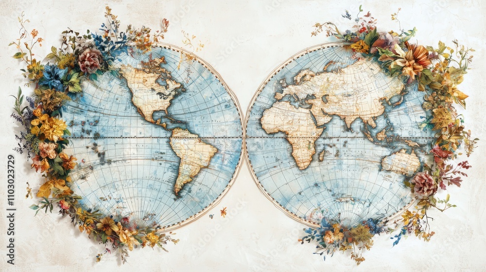 Naklejka premium Exploring the old world map with botanical borders in a romantic style for home decor inspiration