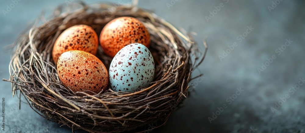 Colorful speckled Easter eggs nestled in a natural nest against a textured background with ample space for promotional text or design elements Colorful speckled Easter eggs nestled in a natural nest against a textured background with ample space for promotional text or design elements