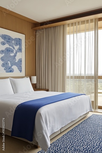 Modern hotel room interior with blue accents and large window overlooking nature