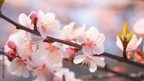 Delicate pink plum tree blossoms showcasing vibrant blooms on a spring branch against a soft blurred background photo