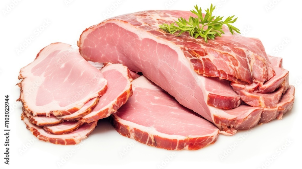 Sliced pork and beef ham arranged on a white background garnished with herbs showcasing texture and freshness in culinary presentation Sliced pork and beef ham arranged on a white background garnished with herbs showcasing texture and freshness in culinary presentation
