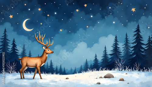 Watercolor painting, night sky with deer.