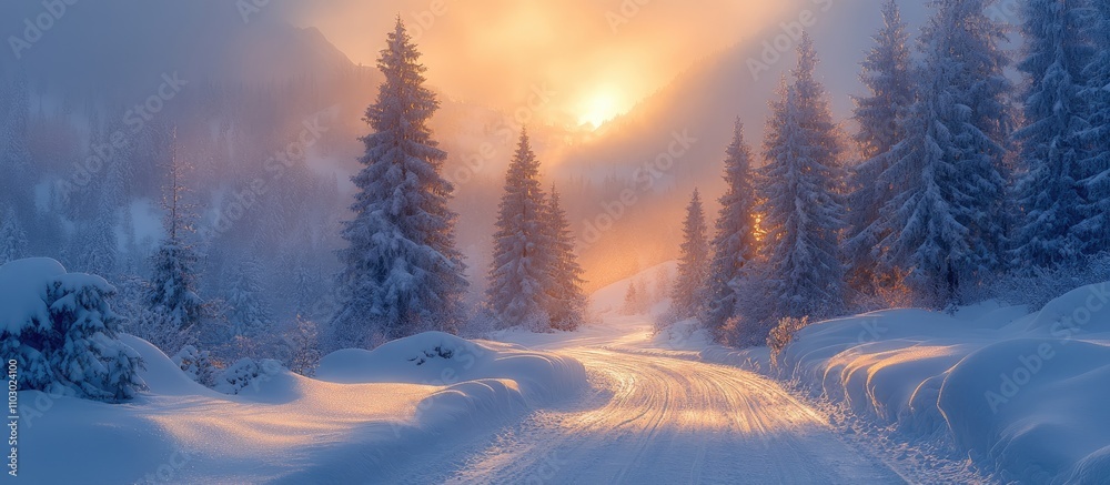 Winter mountain road surrounded by snow-covered spruce and pine trees with a warm glow of sunlight in a serene Christmas landscape