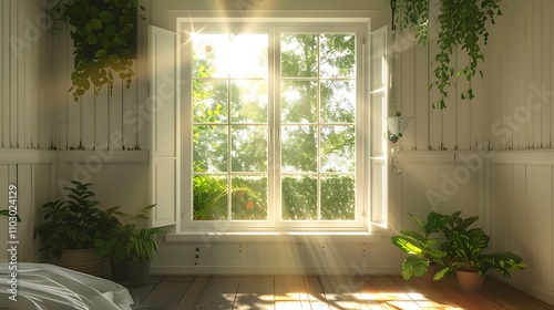 Sunlight through white wooden window, modern country house, green trees outside, bedroom with plants.