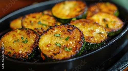 Close-up of perfectly grilled spicy zucchini slices garnished with herbs, showcasing a flavorful home-cooked dish on an electric grill.