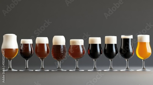 Variety of Craft Beers in Elegant Tulip Glasses Featuring Distinct Colors and Foam Toppers on a Neutral Background photo