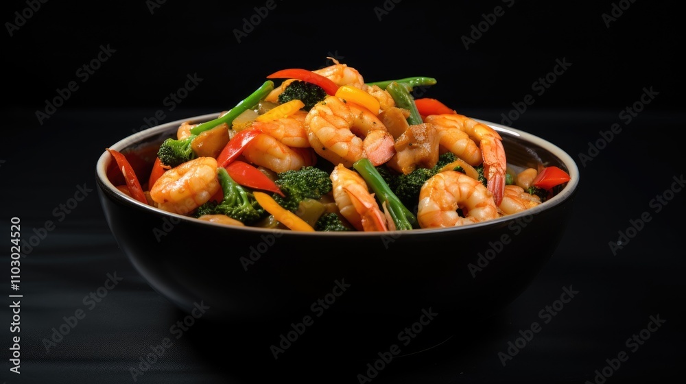 Fried shrimp and mixed vegetables in a bowl on a dark background showcasing vibrant colors and textures of the dish