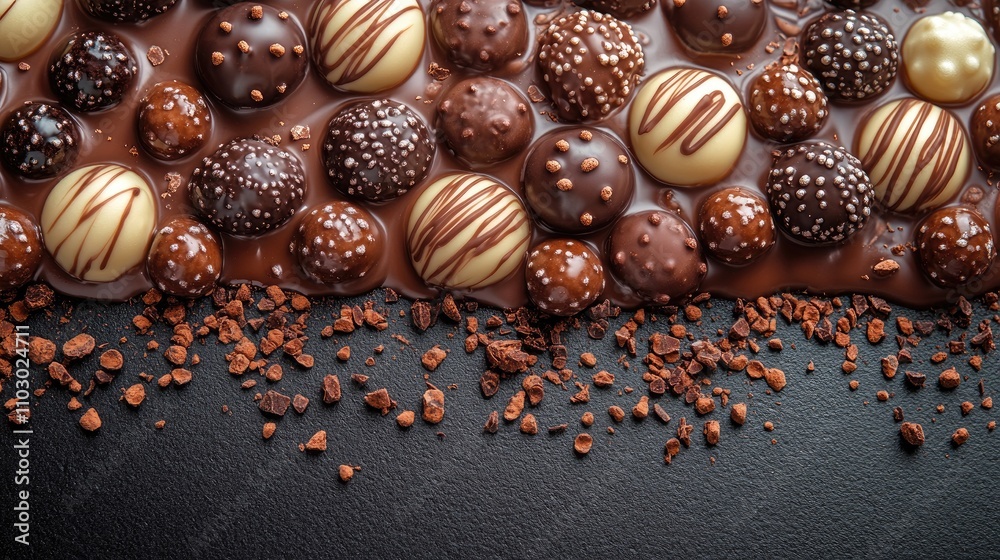 Assorted chocolate candies arranged on a dark surface with a blank space for text or branding purposes Assorted chocolate candies arranged on a dark surface with a blank space for text or branding purposes