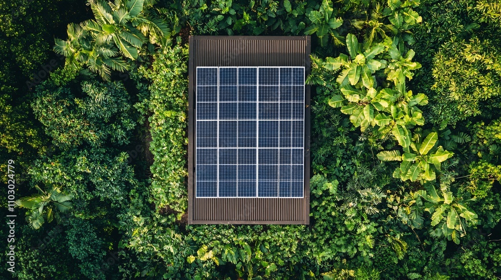 Green Energy Innovation: Solar Panel Array on Rooftop Amid Lush Greenery for Net Zero Future Green Energy Innovation: Solar Panel Array on Rooftop Amid Lush Greenery for Net Zero Future