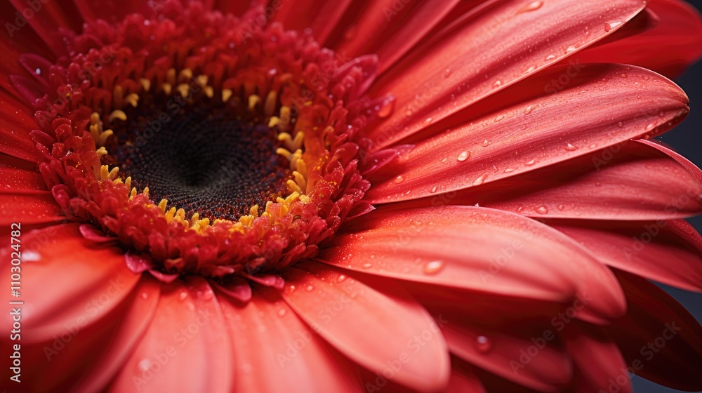 Vibrant close up of a red Gerbera daisy showcasing intricate petal details and water droplets glistening in natural light Vibrant close up of a red Gerbera daisy showcasing intricate petal details and water droplets glistening in natural light