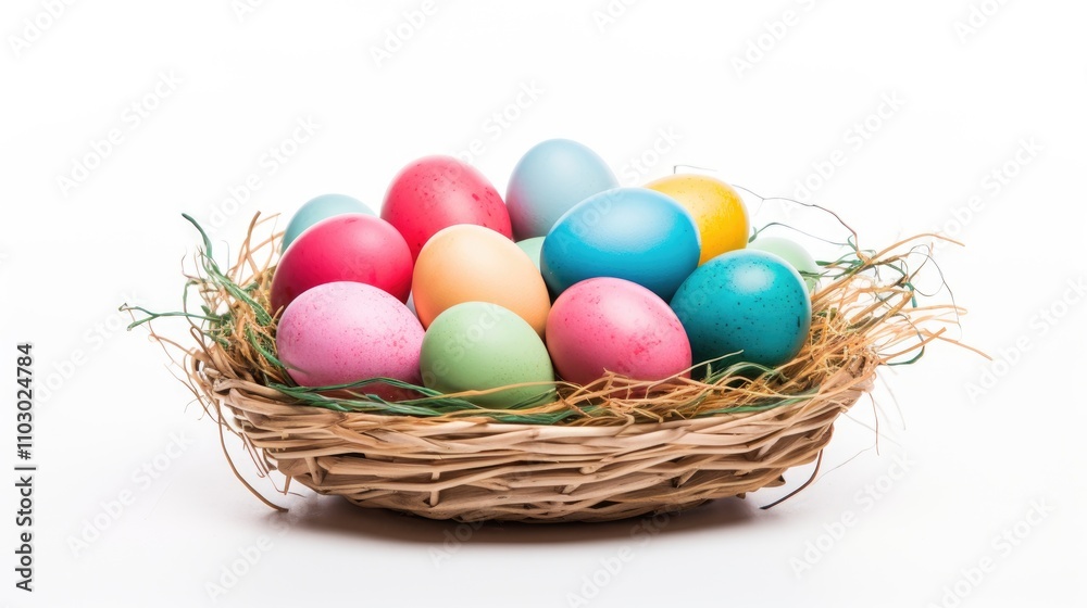 Colorful Easter eggs in a woven basket on a white background symbolizing spring festivities and holiday joy. Colorful Easter eggs in a woven basket on a white background symbolizing spring festivities and holiday joy.