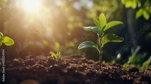 Young green plant flourishing in rich soil, illuminated by warm sunlight filtering through a lush forest, symbolizing nature's renewal and vitality.