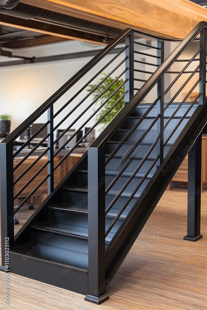 Modern staircase in an office space, featuring sleek design and functional aesthetics. Modern staircase in an office space, featuring sleek design and functional aesthetics.