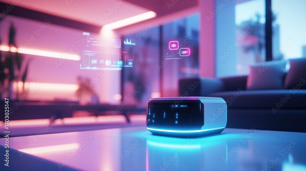 Futuristic smart home device displaying holographic interface in modern living room. Futuristic smart home device displaying holographic interface in modern living room.
