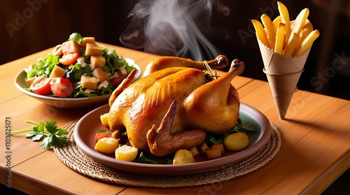 Roast chicken with french fries and salad on wooden table, closeup