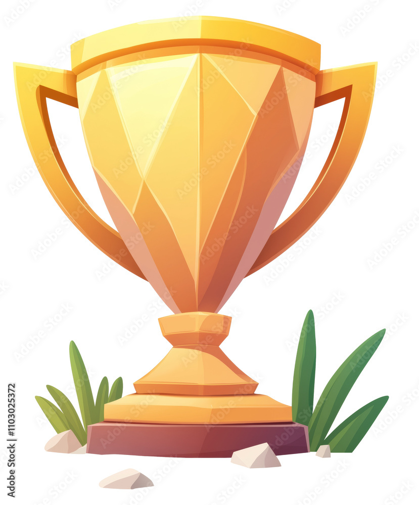 Shiny golden trophy on a grassy patch with rocks isolated on transparent background. Shiny golden trophy on a grassy patch with rocks isolated on transparent background.