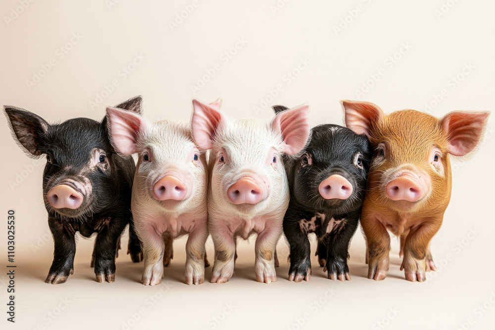 Cute group of piglets standing together, showcasing animal farm playful nature Cute group of piglets standing together, showcasing animal farm playful nature