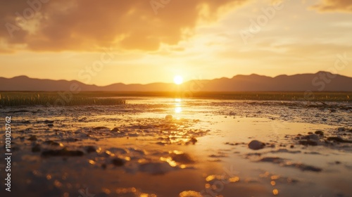 Breathtaking Sunset Over Tranquil Wetlands with Reflection on Water Surfaces and Silhouetted Mountains in the Background