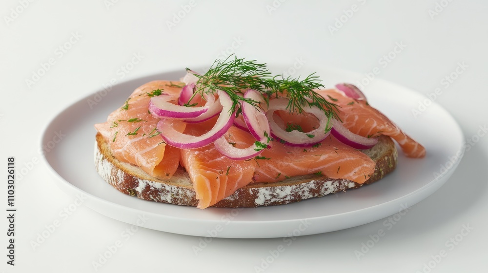 Open-faced sandwich topped with smoked salmon, fresh dill, and pickled onions, served on rustic bread against a minimalist white backdrop. Open-faced sandwich topped with smoked salmon, fresh dill, and pickled onions, served on rustic bread against a minimalist white backdrop.