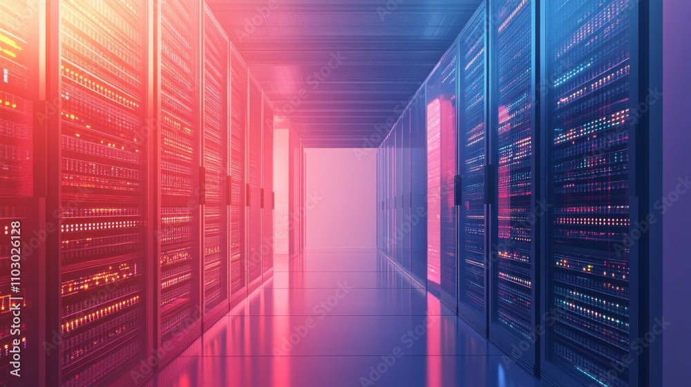 Modern Server Room with Colorful Lighting, High-Tech Data Center Storage Area Featuring Rows of Servers and Reflective Floors, Creating a Futuristic Atmosphere Modern Server Room with Colorful Lighting, High-Tech Data Center Storage Area Featuring Rows of Servers and Reflective Floors, Creating a Futuristic Atmosphere