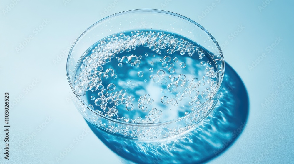 Transparent petri dish filled with gel bubbles on a light blue background, casting intricate shadows, representing themes of science, medicine, and beauty. Transparent petri dish filled with gel bubbles on a light blue background, casting intricate shadows, representing themes of science, medicine, and beauty.