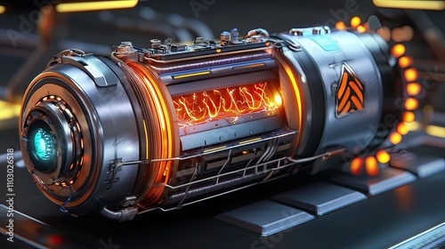Electricity battery demand concept. A futuristic energy core with glowing elements, featuring intricate mechanical details and a sleek design, set against a high-tech background.