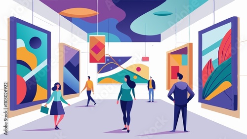 A group of people are walking through an art gallery