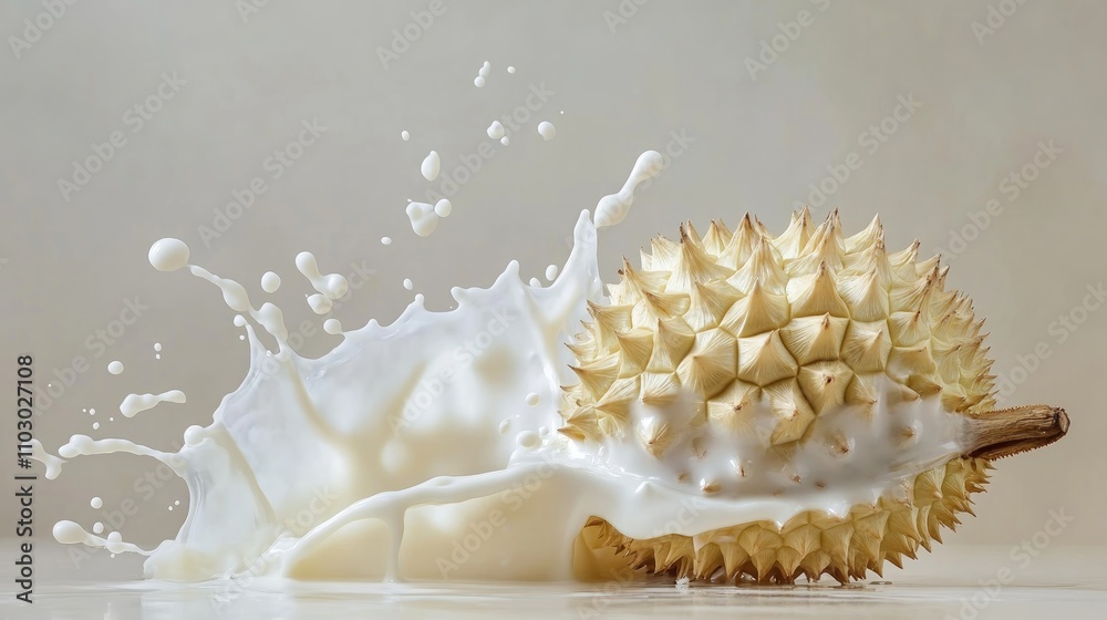 Durian fruit partially submerged in a splash of milk, showcasing its unique spiky texture against a minimalist background. Durian fruit partially submerged in a splash of milk, showcasing its unique spiky texture against a minimalist background.