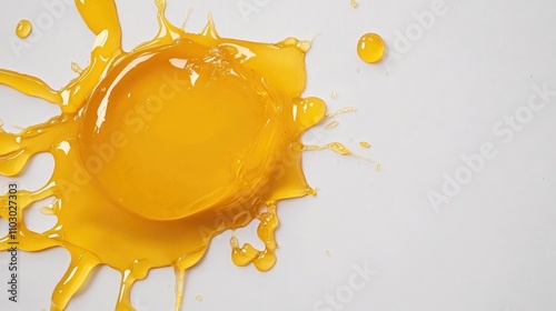 Bright yellow egg yolk splashed on a clean white background, showcasing a glossy texture and rich color with drips and droplets surrounding it. photo