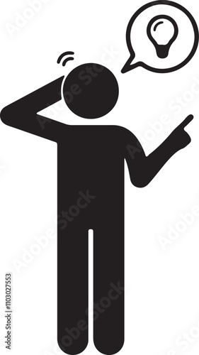 Illustration of a stickman icon thinking, with their right hand on their head, left hand pointing at something, and a lightbulb above them, symbolizing a moment of realization or an idea
