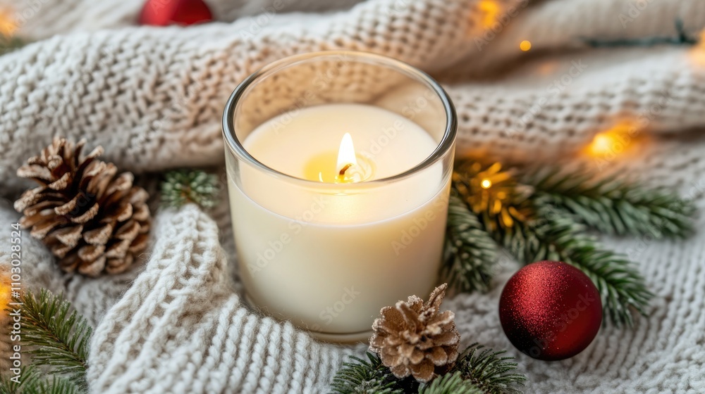 Cozy winter scene featuring a burning candle surrounded by festive decorations, pinecones, and soft knit fabric, evoking warmth and hygge ambiance. Cozy winter scene featuring a burning candle surrounded by festive decorations, pinecones, and soft knit fabric, evoking warmth and hygge ambiance.