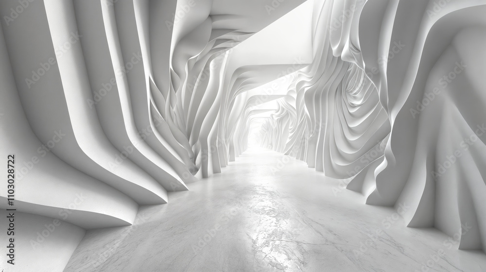Naklejka premium Abstract White Architectural Tunnel with Curved Geometric Shapes and Flowing Lines Creating Surreal Perspective, Modern Minimalist Design Background