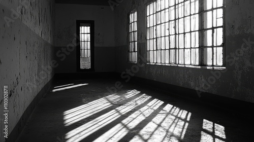 Empty prison hallway with large, barred windows casting dramatic shadows on the floor, symbolizing reflection and newfound freedom. photo