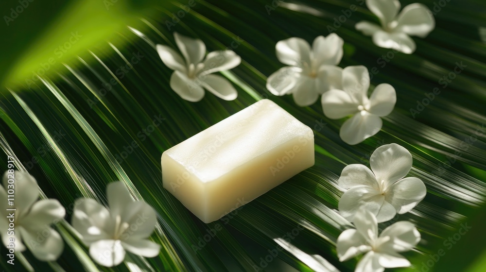 Elegant white soap bar placed on vibrant green palm leaves, surrounded by delicate white flowers for a serene and natural aesthetic. Elegant white soap bar placed on vibrant green palm leaves, surrounded by delicate white flowers for a serene and natural aesthetic.